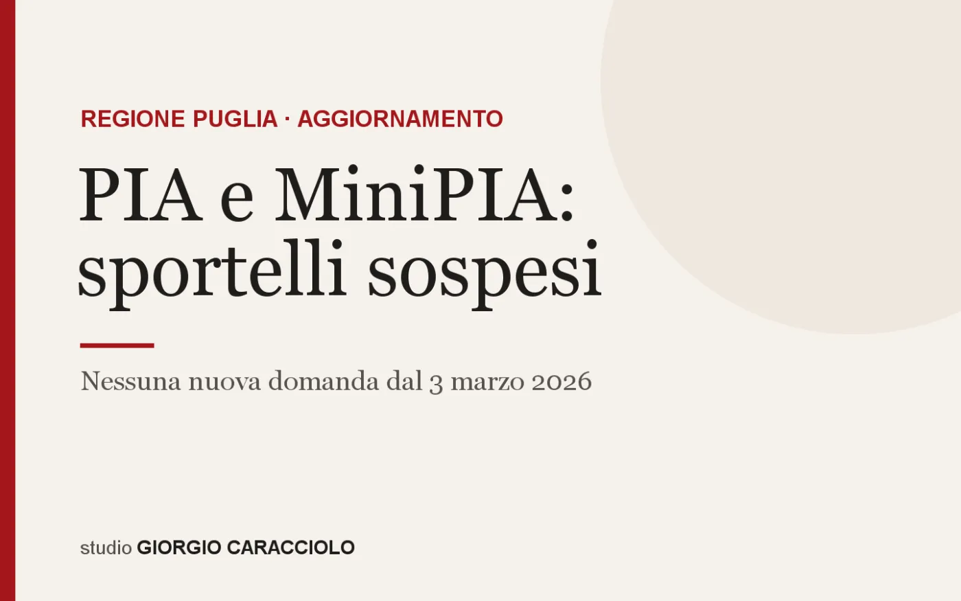 PIA e MiniPIA: sportelli sospesi – Nessuna nuova domanda dal 3 marzo 2026